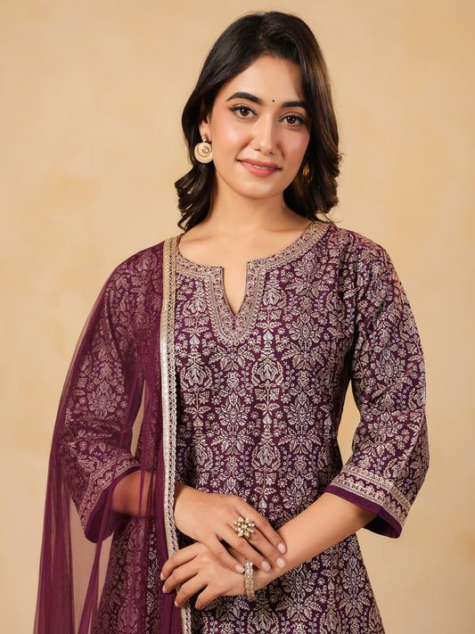 Span Purple Round V Neck Silk Kurta