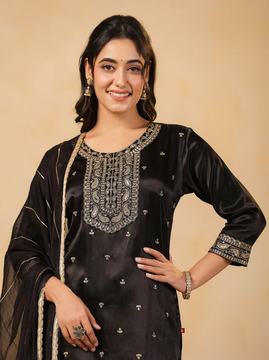 Span Black Round Neck Gazi Silk