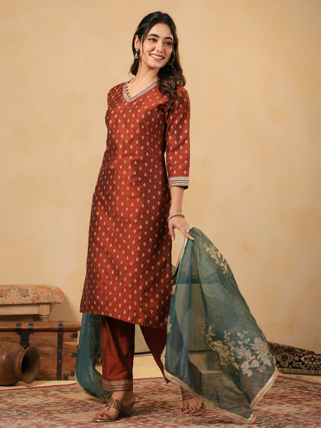 Span Brown V Neck SIlk Kurta