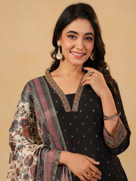 Span Black Deep V Silk Kurta