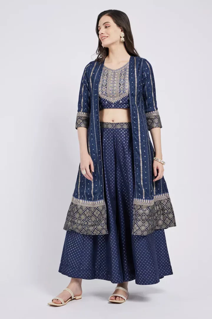 Span Cobalt Blue Silk Festive Wear 3 Piece Set