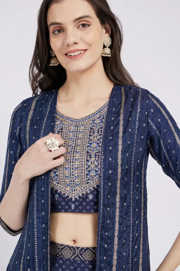 Span Cobalt Blue Silk Festive Wear 3 Piece Set