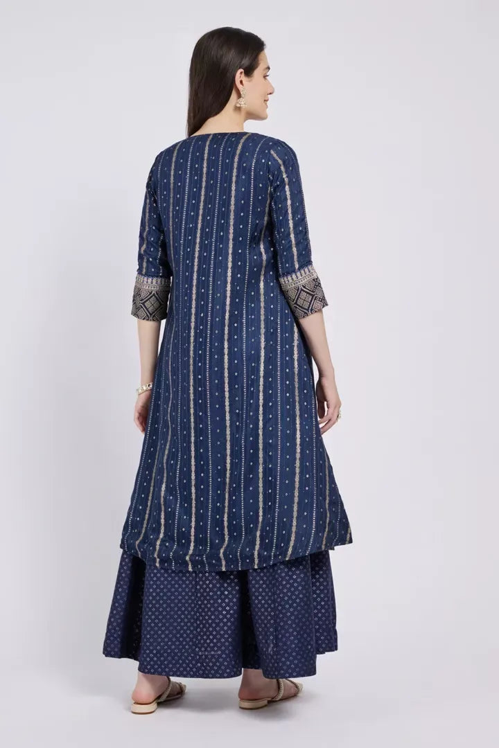 Span Cobalt Blue Silk Festive Wear 3 Piece Set