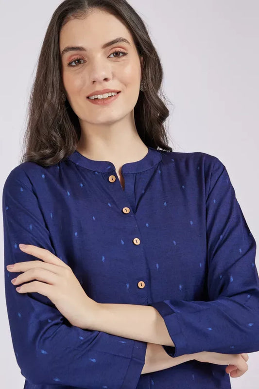 Span Purssian Blue Cotton Short Kurta