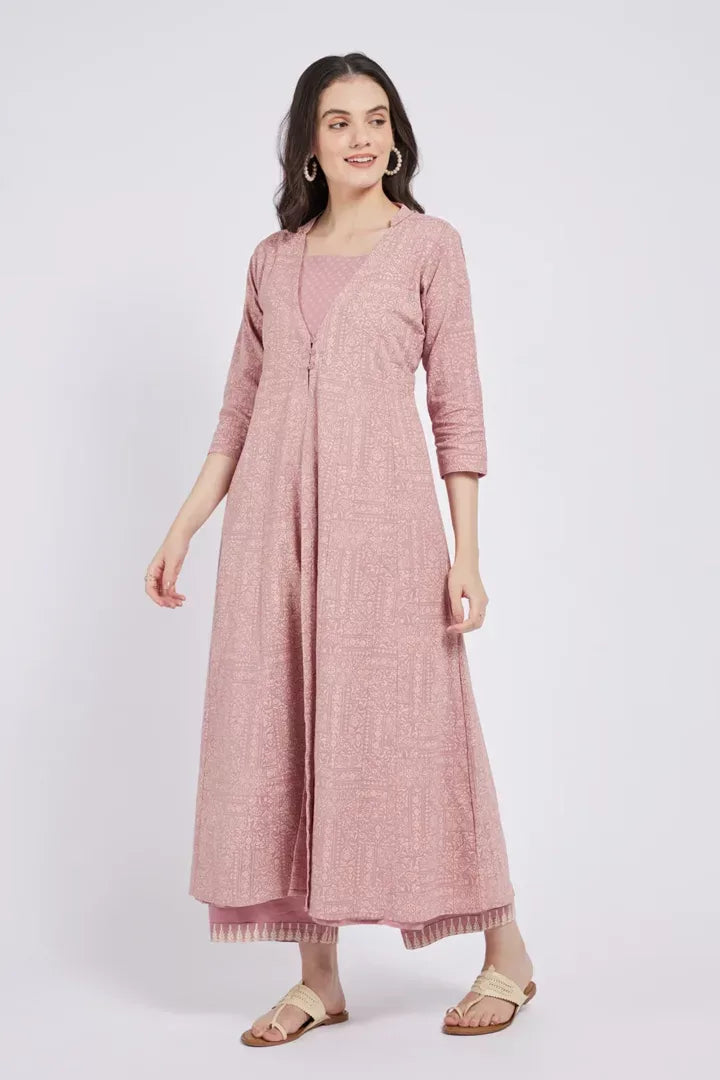 Span Pink Lavender Jacket Style Cotton Summer Kurta