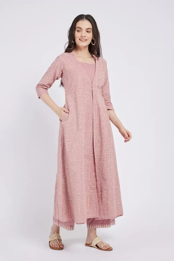 Span Pink Lavender Jacket Style Cotton Summer Kurta