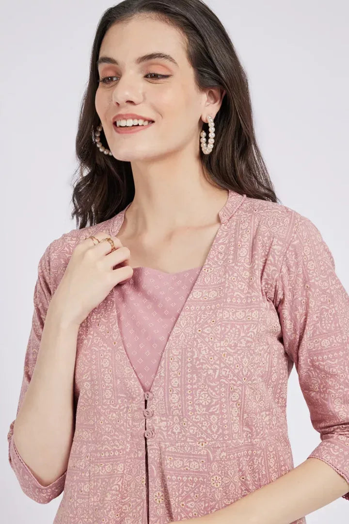 Span Pink Lavender Jacket Style Cotton Summer Kurta