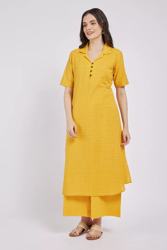 Span Yellow A-line Cotton Kurta