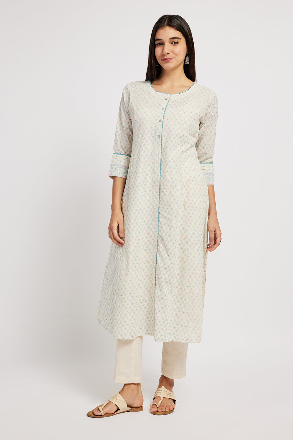 Span Ivory Round Neck Cotton Casual Kurta