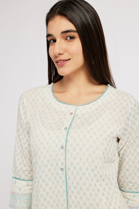 Span Ivory Round Neck Cotton Casual Kurta