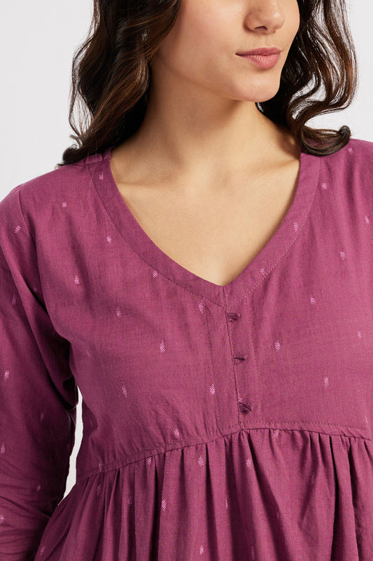 Span Purple V Neck Cotton Casual Kurta