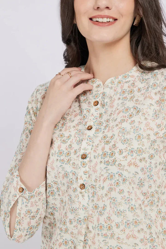 Span Ivory Floral Cotton Short Kurta