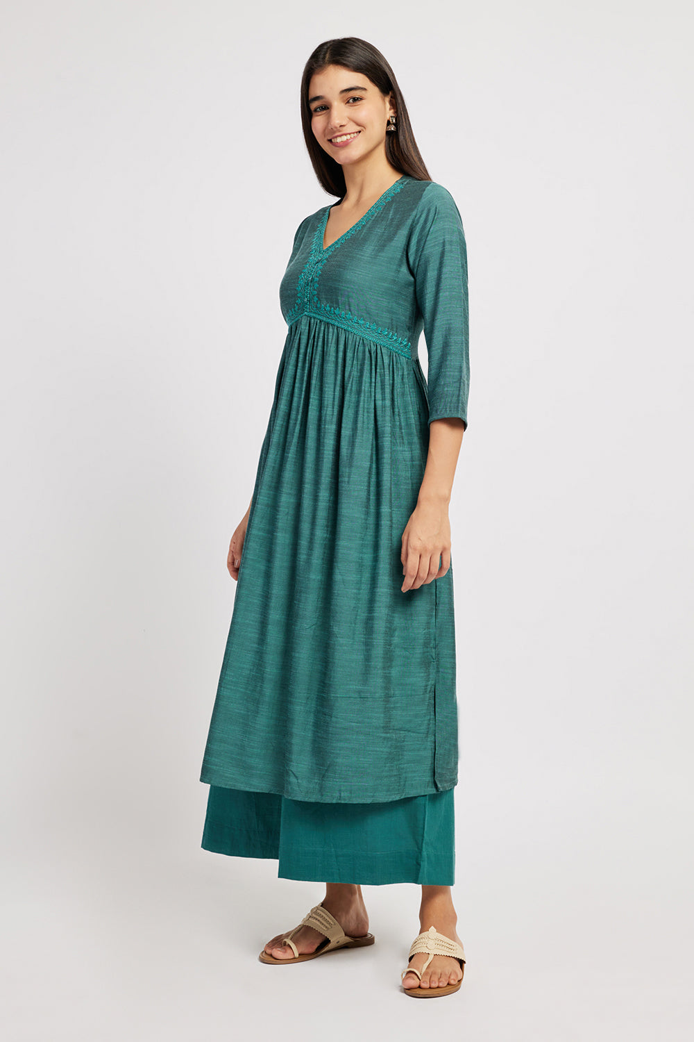 Span Green V Neck Cotton Casual Kurta