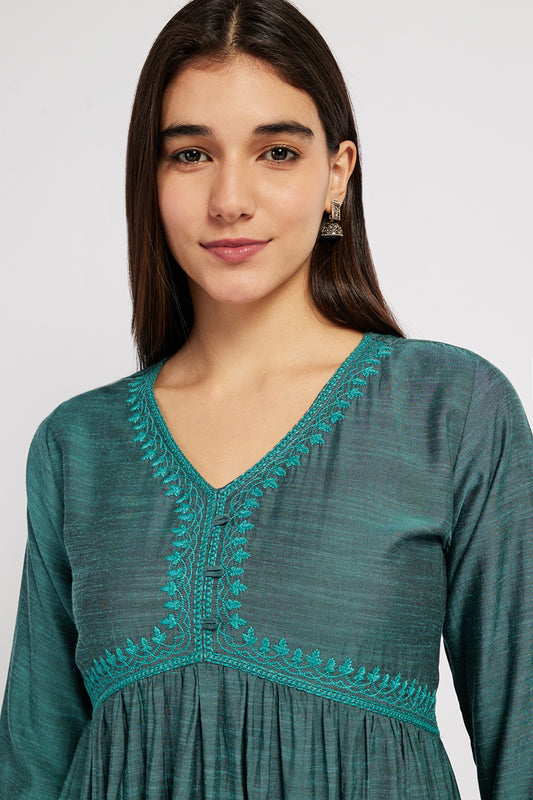 Span Green V Neck Cotton Casual Kurta