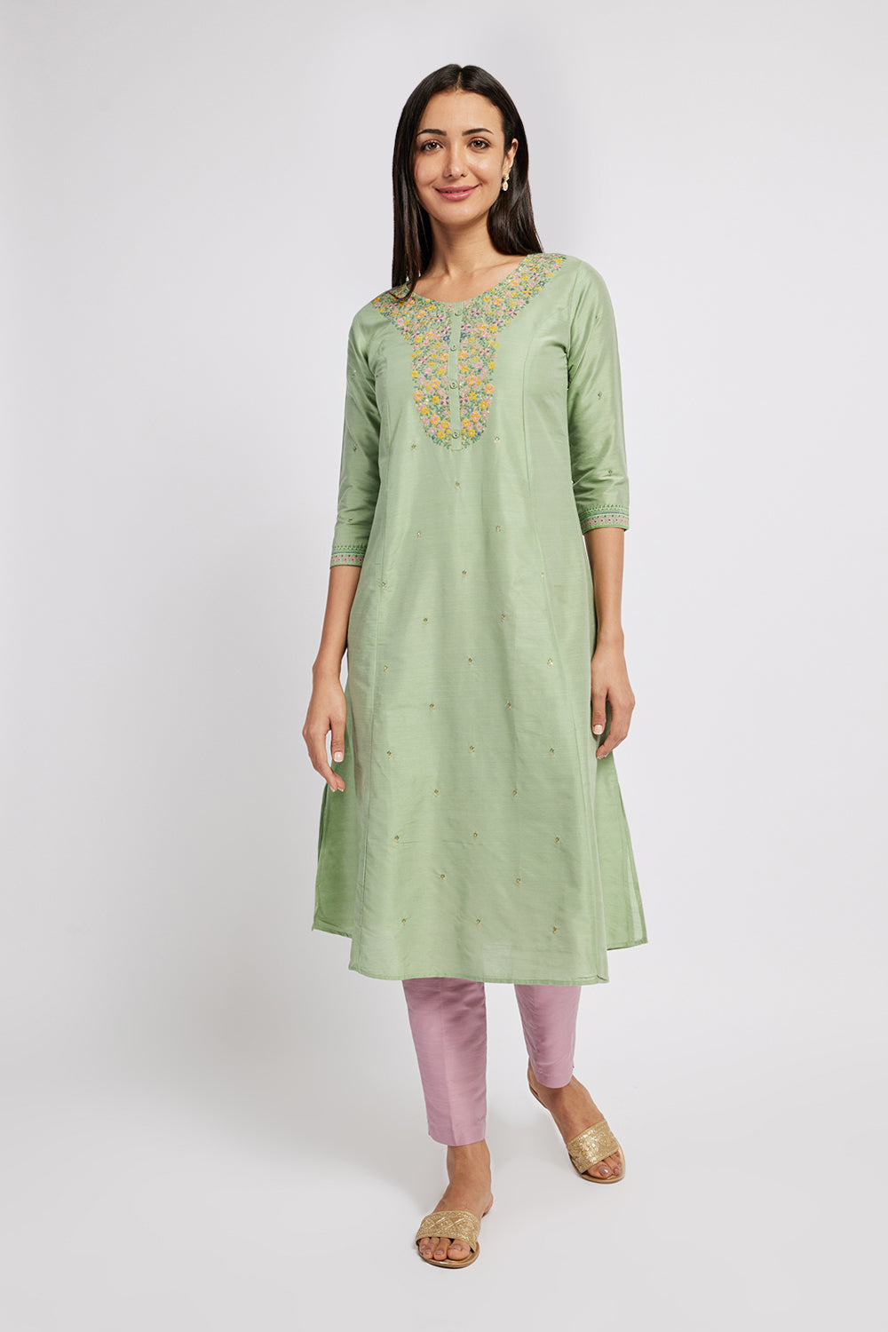 Span Green Round Neck Silk Kurta