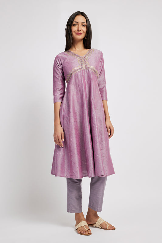 Span Pink V Neck Silk Kurta