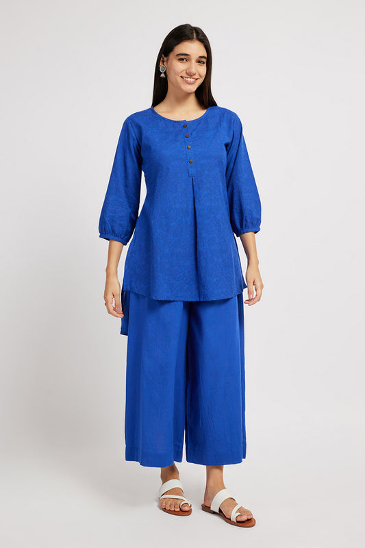 Span Blue Round Neck Cotton Short Kurta