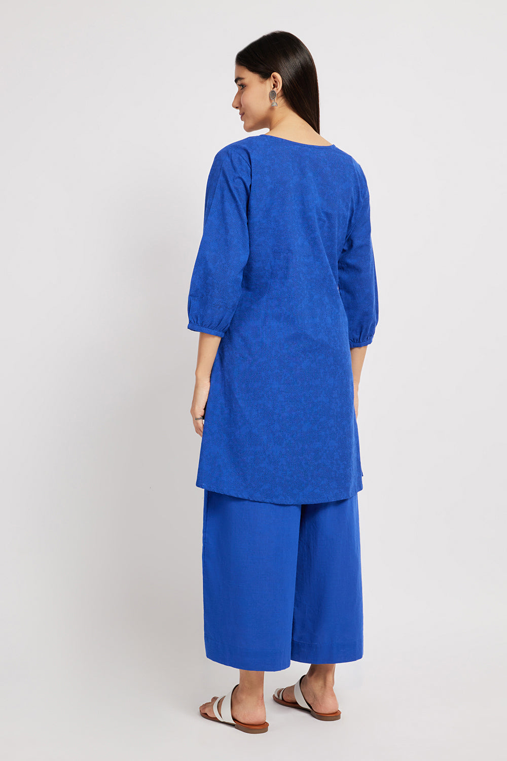Span Blue Round Neck Cotton Short Kurta