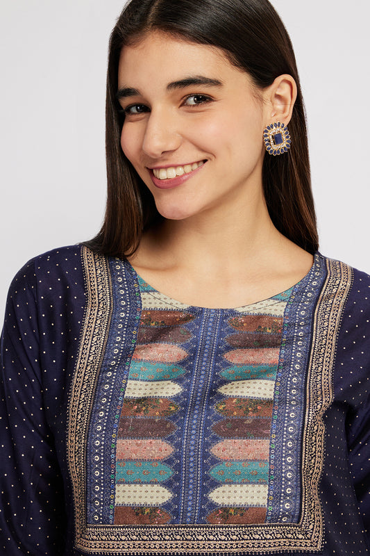 Span Blue Round Neck Silk Kurta