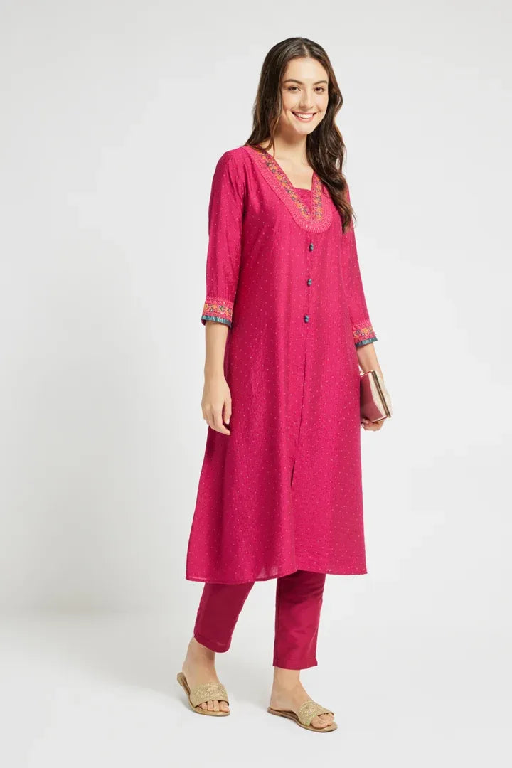 Span Pink V-Neck Viscosse kurta