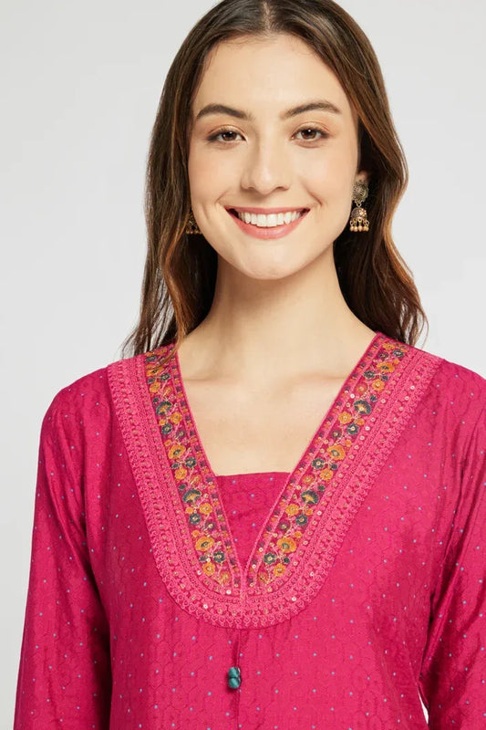 Span Pink V-Neck Viscosse kurta