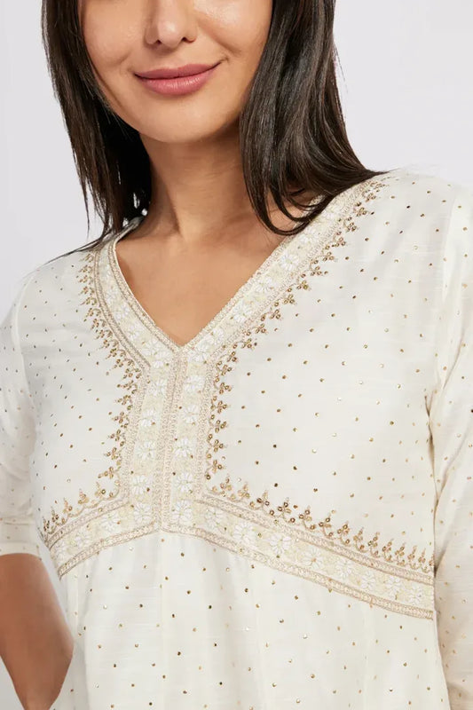 Span White V-Neck Silk Kurta