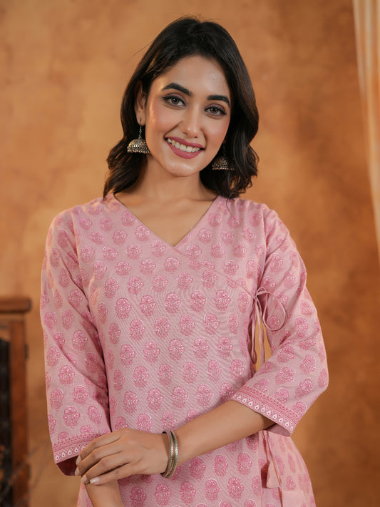 Span Pink V Neck Cotton Kurta Set