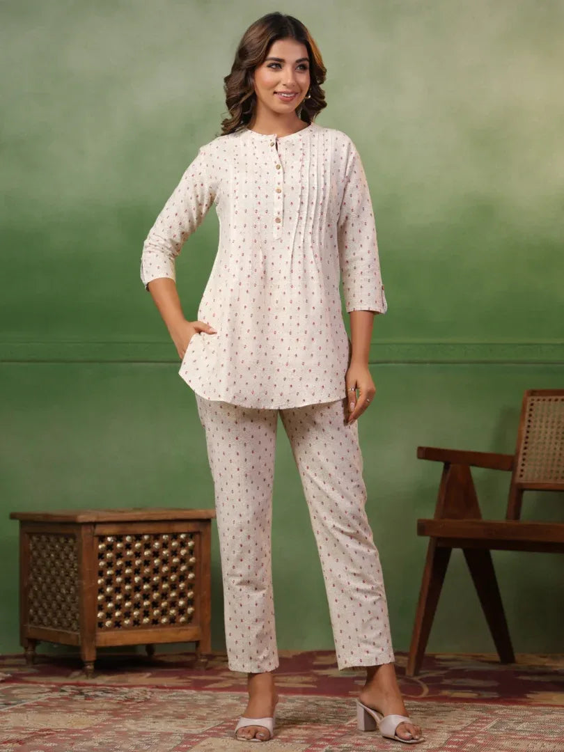Span White Mandarin Neck Co-Ord Set (Set of 2)
