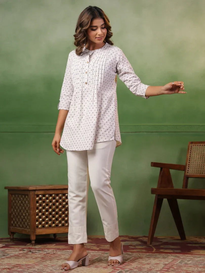 Span White Mandarin Co-Ord Set ( Set of 2)