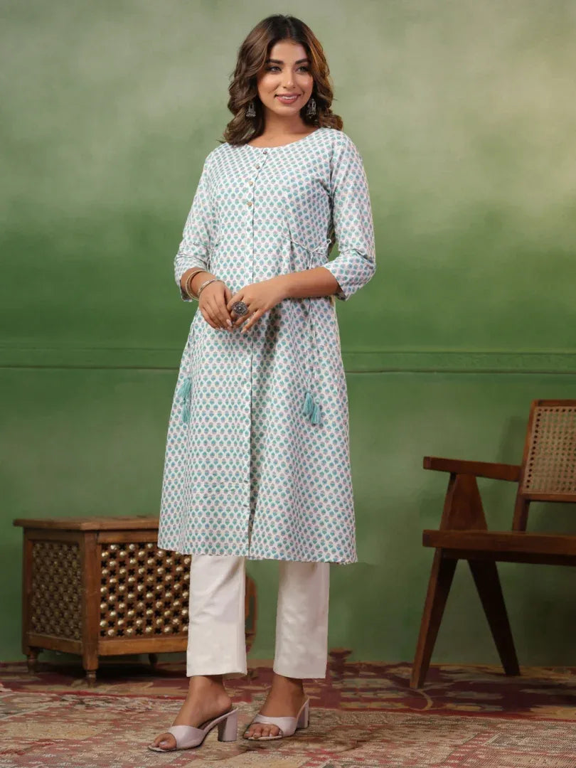 Span White Round Neck Kurta Set