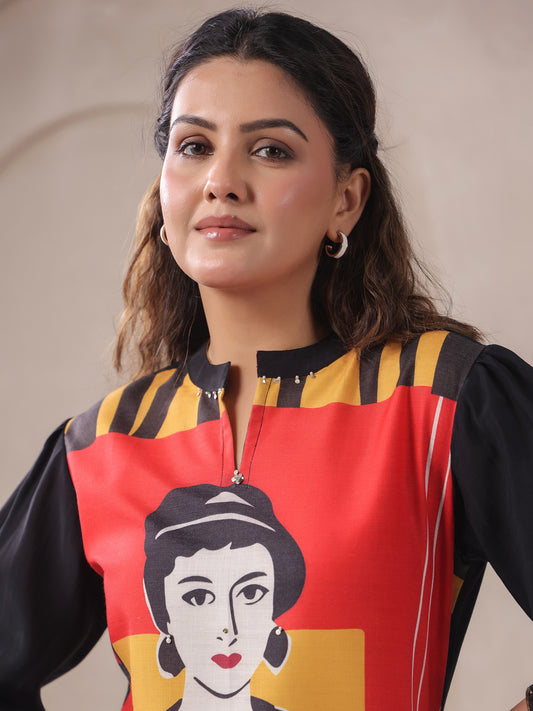 Black Mandarin V-Neck Silk Cord Set