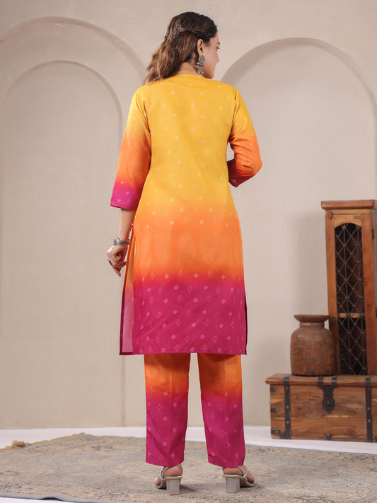 Span Yellow V-Neck Cotton Kurta Set with Dupatta