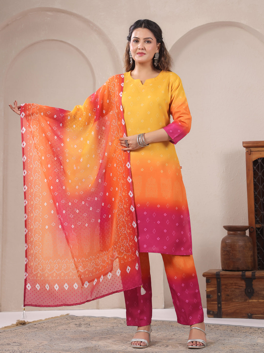Span Yellow V-Neck Cotton Kurta Set with Dupatta