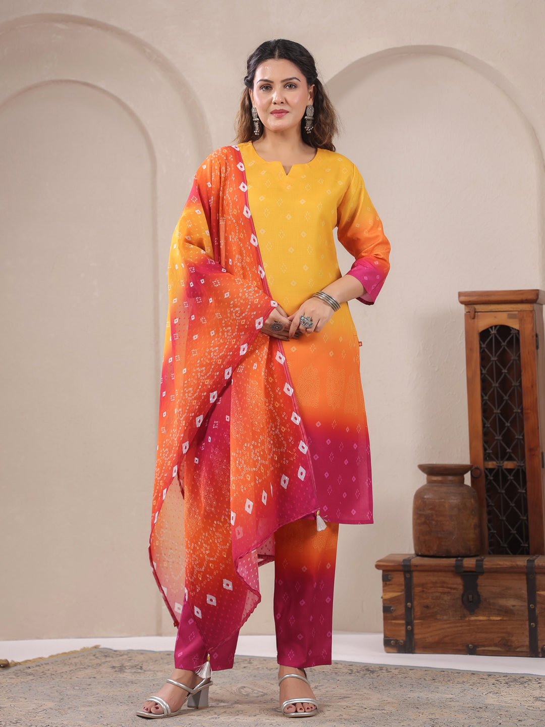 Span Yellow V-Neck Cotton Kurta Set with Dupatta