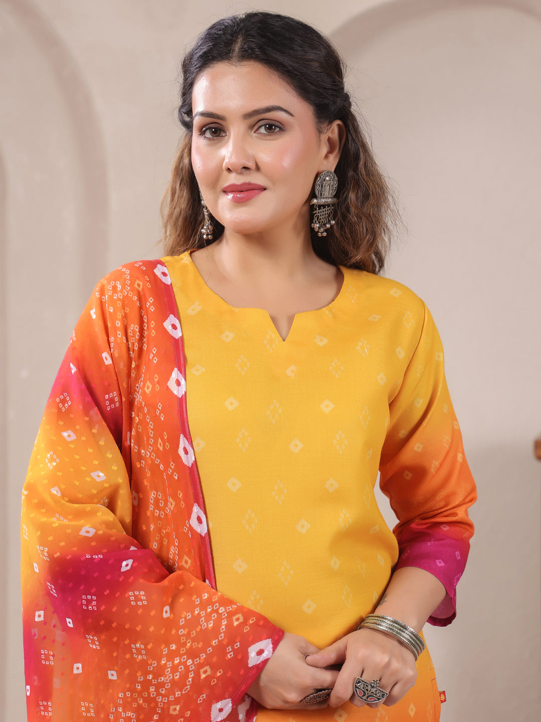Span Yellow V-Neck Cotton Kurta Set with Dupatta
