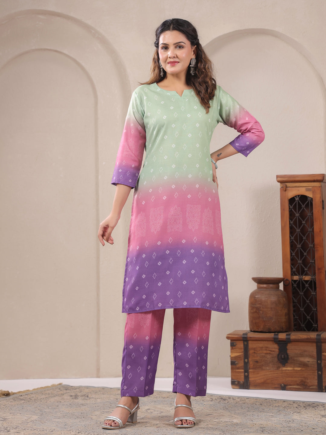 Span Green V-Neck Cotton Kurta Set with Dupatta