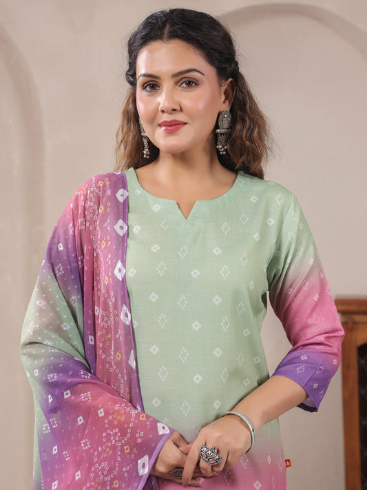Span Green V-Neck Cotton Kurta Set with Dupatta