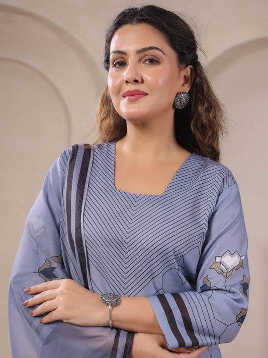 Span Grey Square Neck Cotton Kurta Set with Dupatta