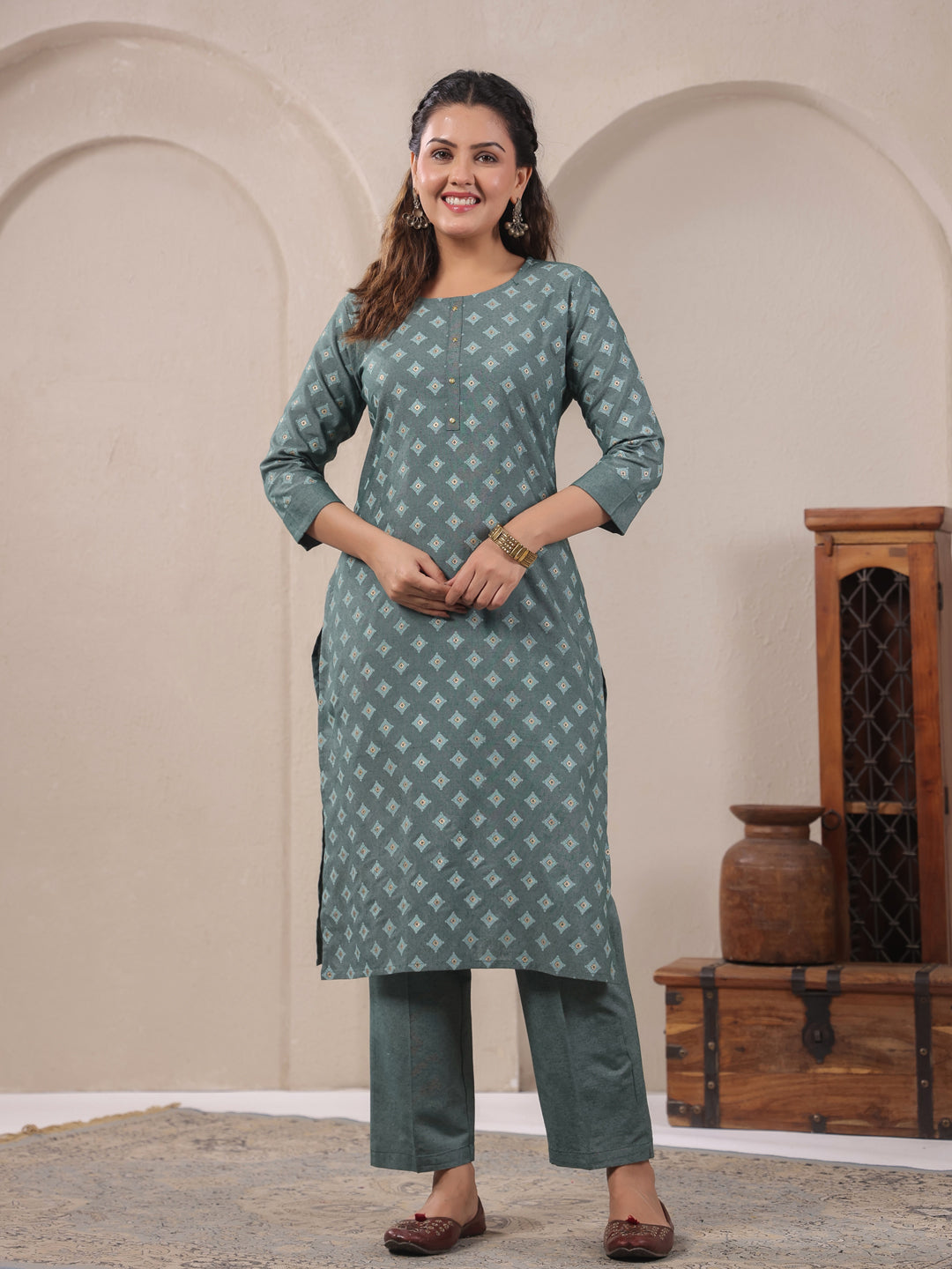 Span Green Round Neck Cotton Co-Ord Set(Set of 2)