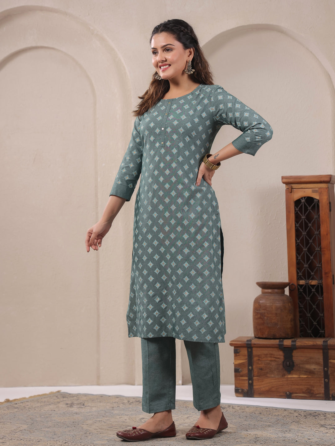 Span Green Round Neck Cotton Co-Ord Set(Set of 2)