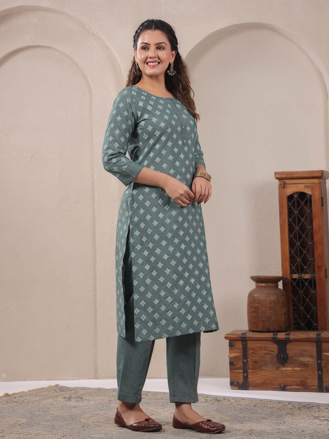 Span Green Round Neck Cotton Co-Ord Set(Set of 2)
