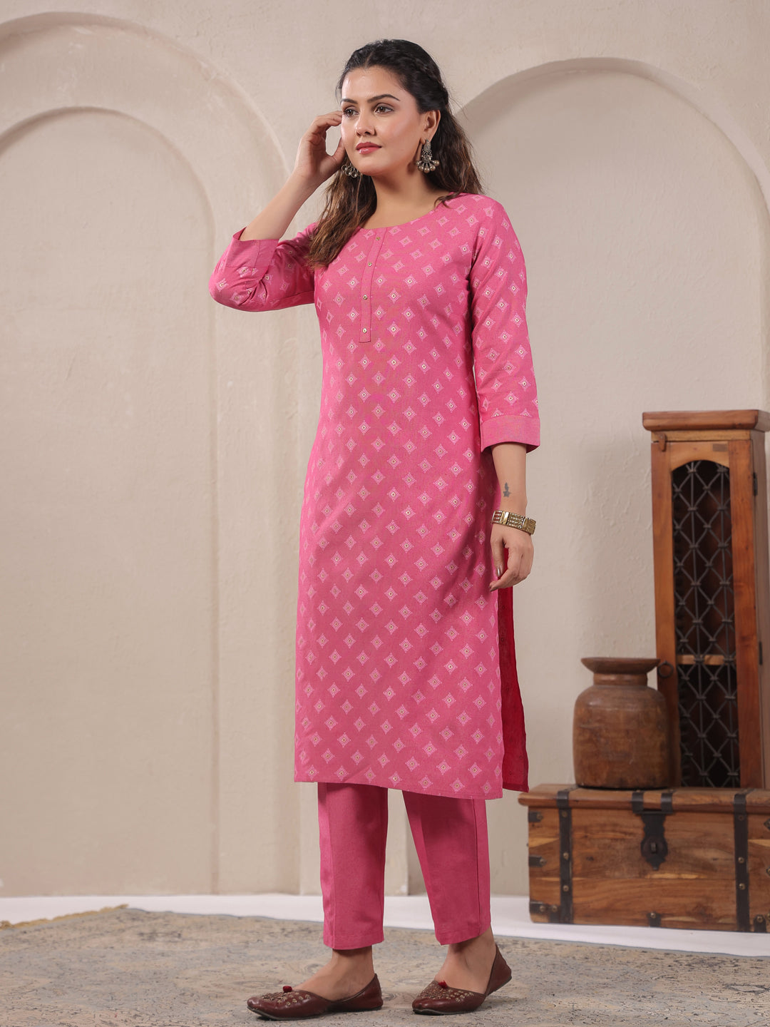 Span Pink Round Neck Cotton Co-Ord Set(Set of 2)