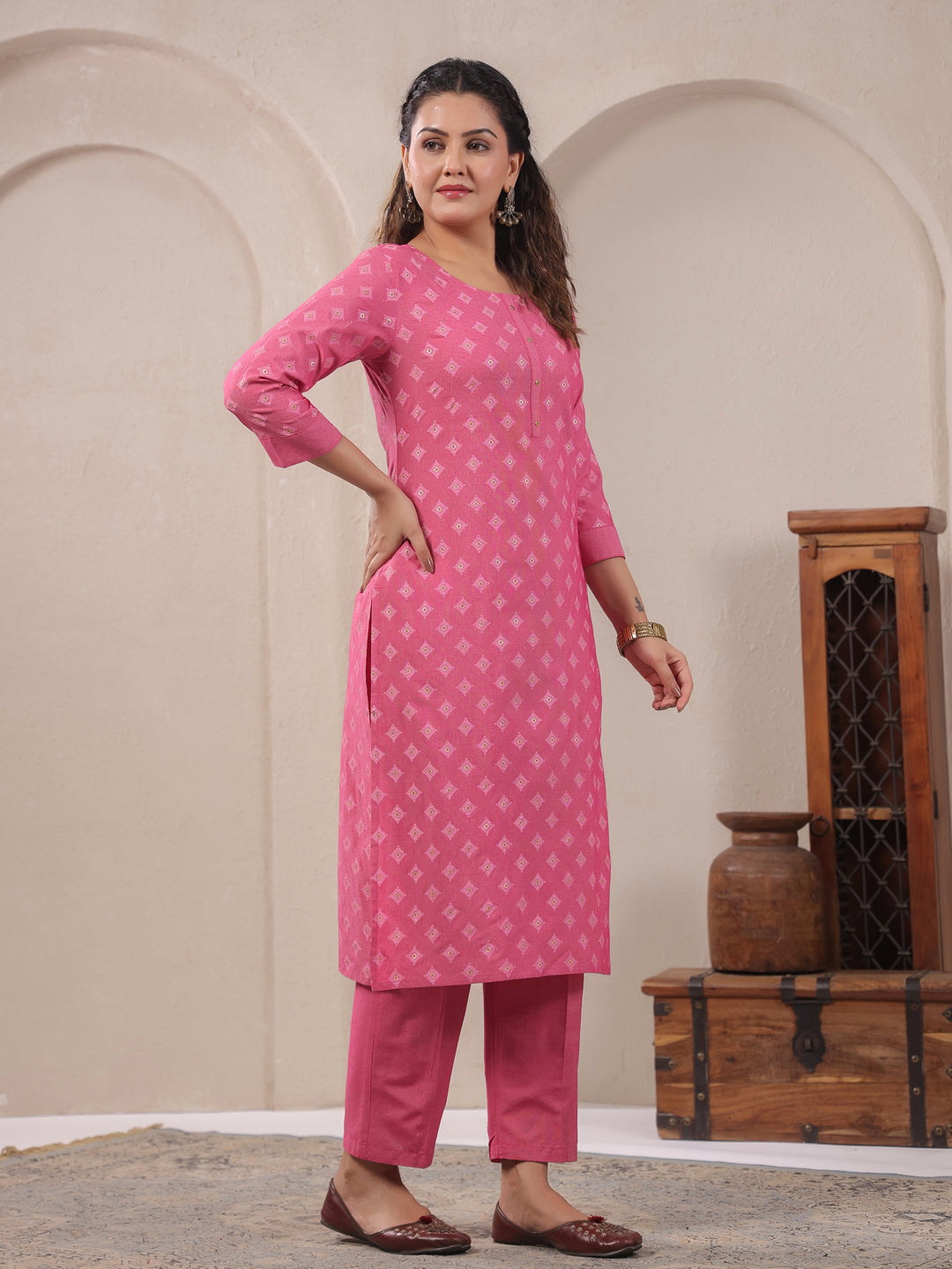Span Pink Round Neck Cotton Co-Ord Set(Set of 2)