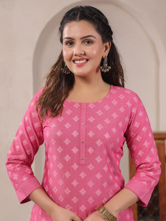 Span Pink Round Neck Cotton Co-Ord Set(Set of 2)