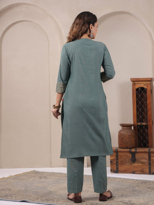 Span Green Round Neck Cotton Kurta Set with Dupatta