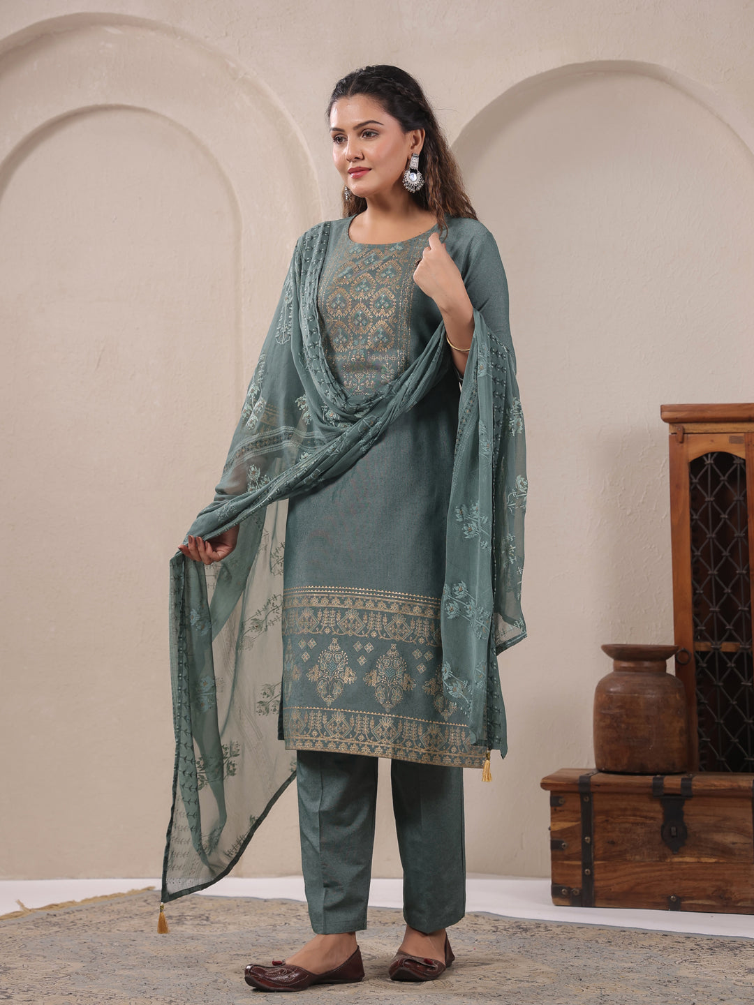 Span Green Round Neck Cotton Kurta Set with Dupatta
