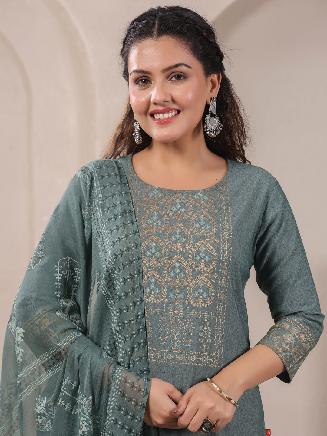 Span Green Round Neck Cotton Kurta Set with Dupatta