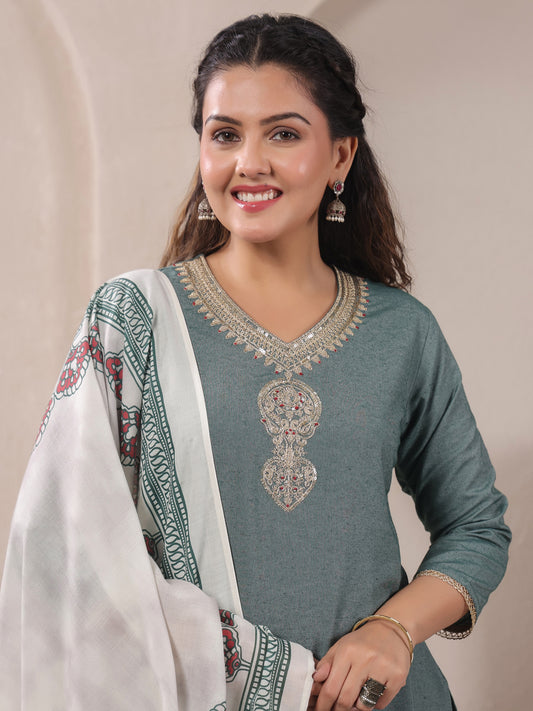 Span Green Round V Neck Cotton Kurta Set with Dupatta
