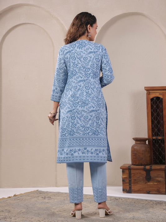 Span Blue Round Neck Cotton Kurta Set with Dupatta