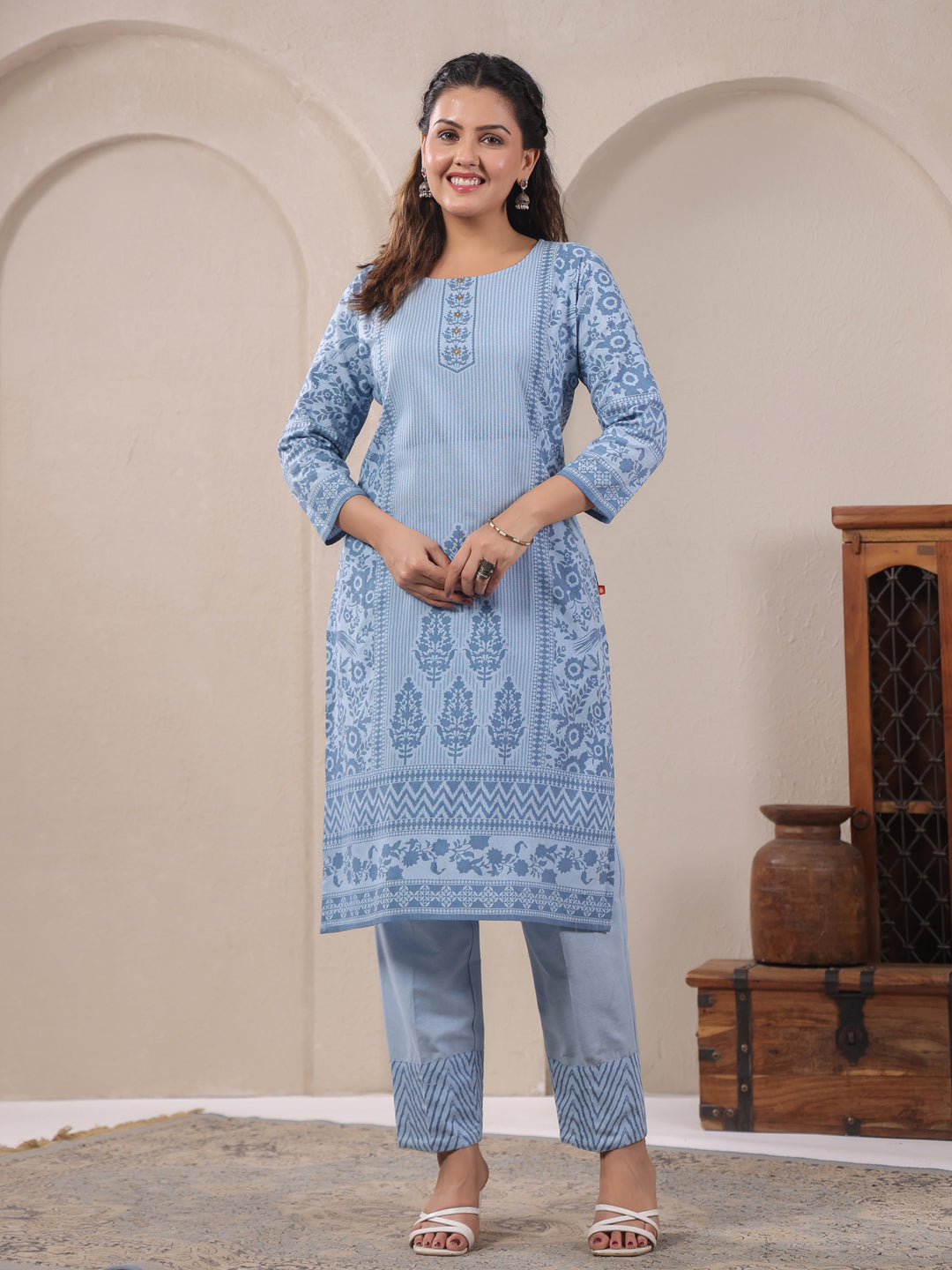 Span Blue Round Neck Cotton Kurta Set with Dupatta